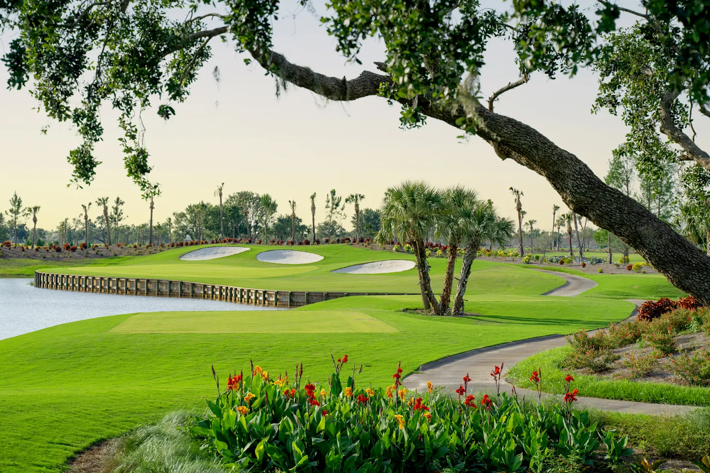 Aileron Golf Club green, water and palms in Port Charlotte, Florida